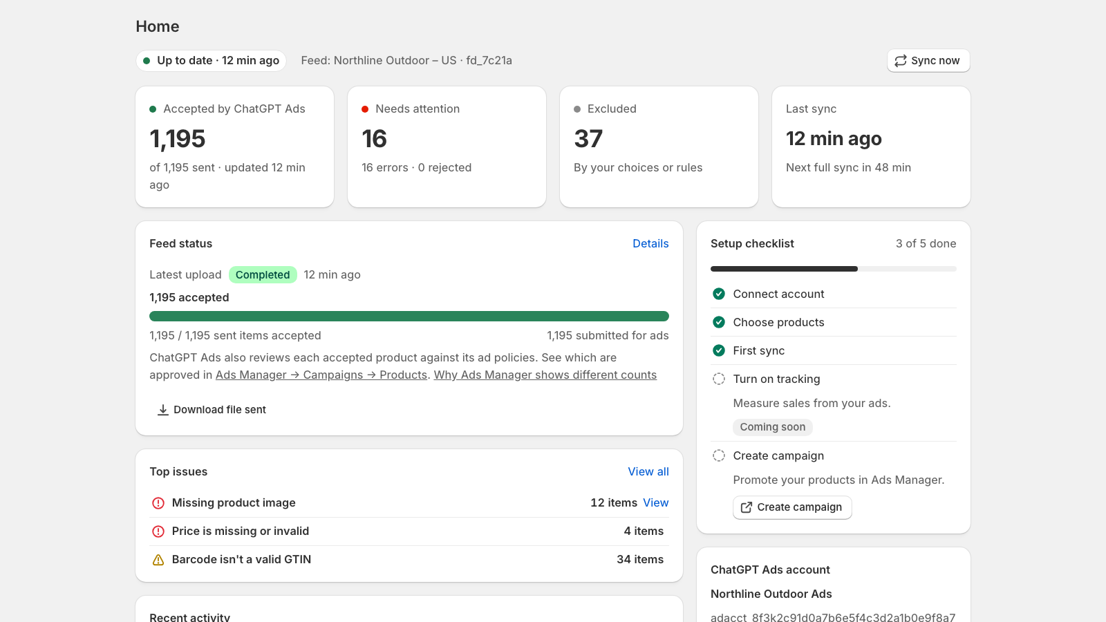 Dashboard showing products accepted by ChatGPT Ads, items to fix, and sync status