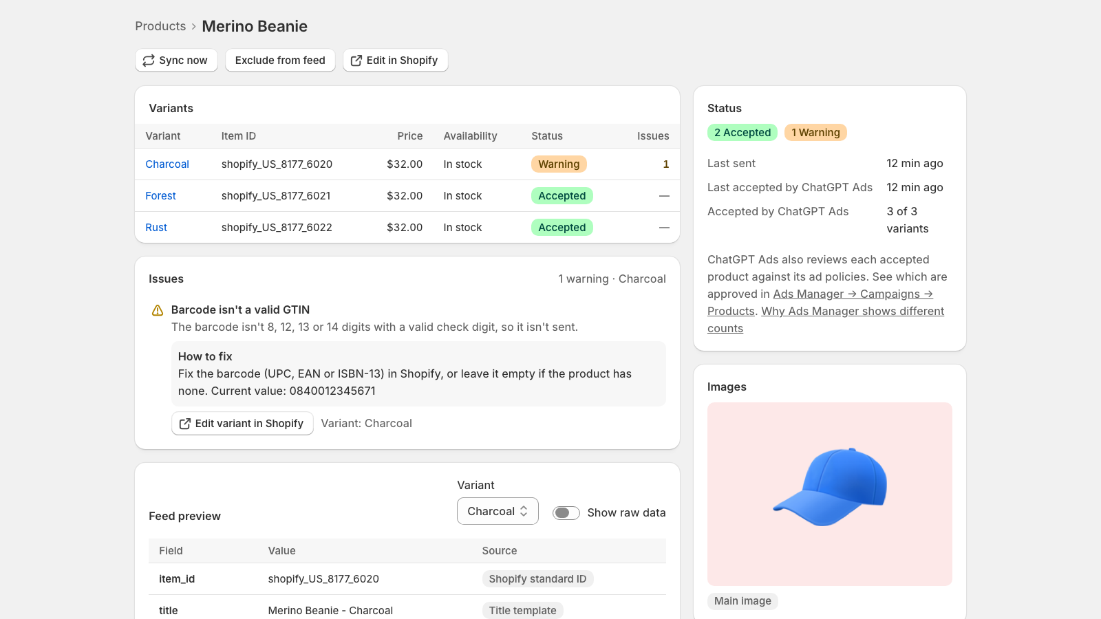 Product detail with variant status, a barcode warning, and how to fix it